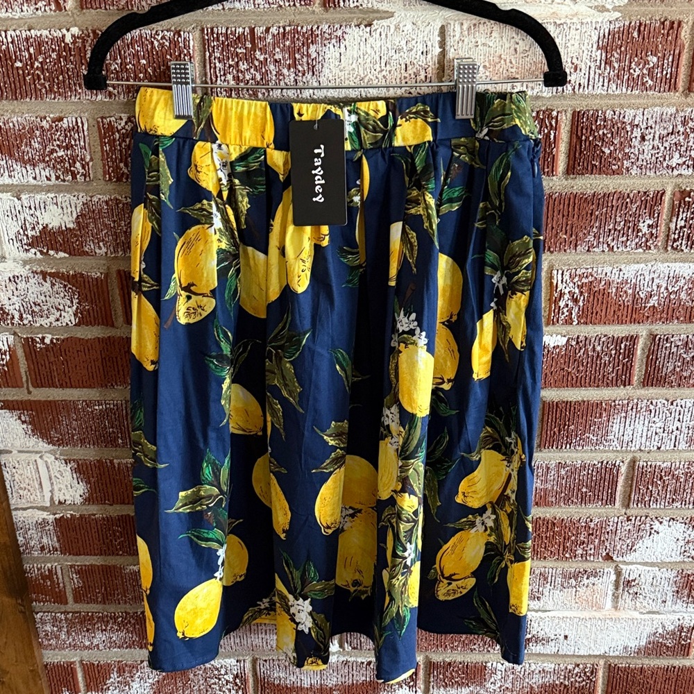Navy Lemon Print A-Line Skirt Sz L Cotton Mediterranean Amalfi Coast Retro 50s - Picture 3 of 7